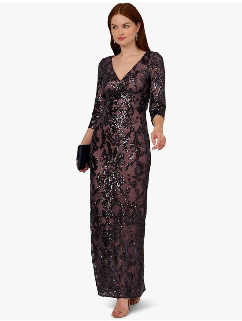 Adrianna Papell Sequin Beaded Evening Gown Rose Gold Black NWT Size 14